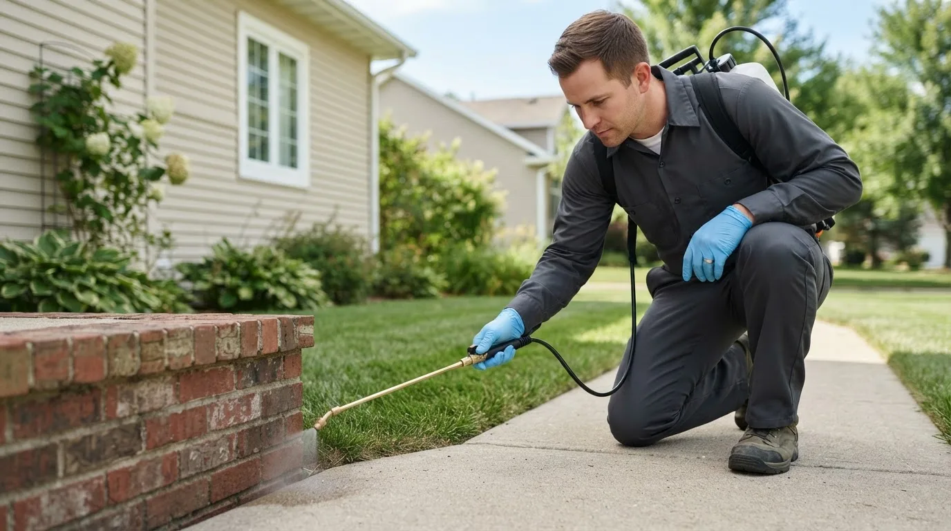 Pest control technician treating a home near Buffalo Lake, MN